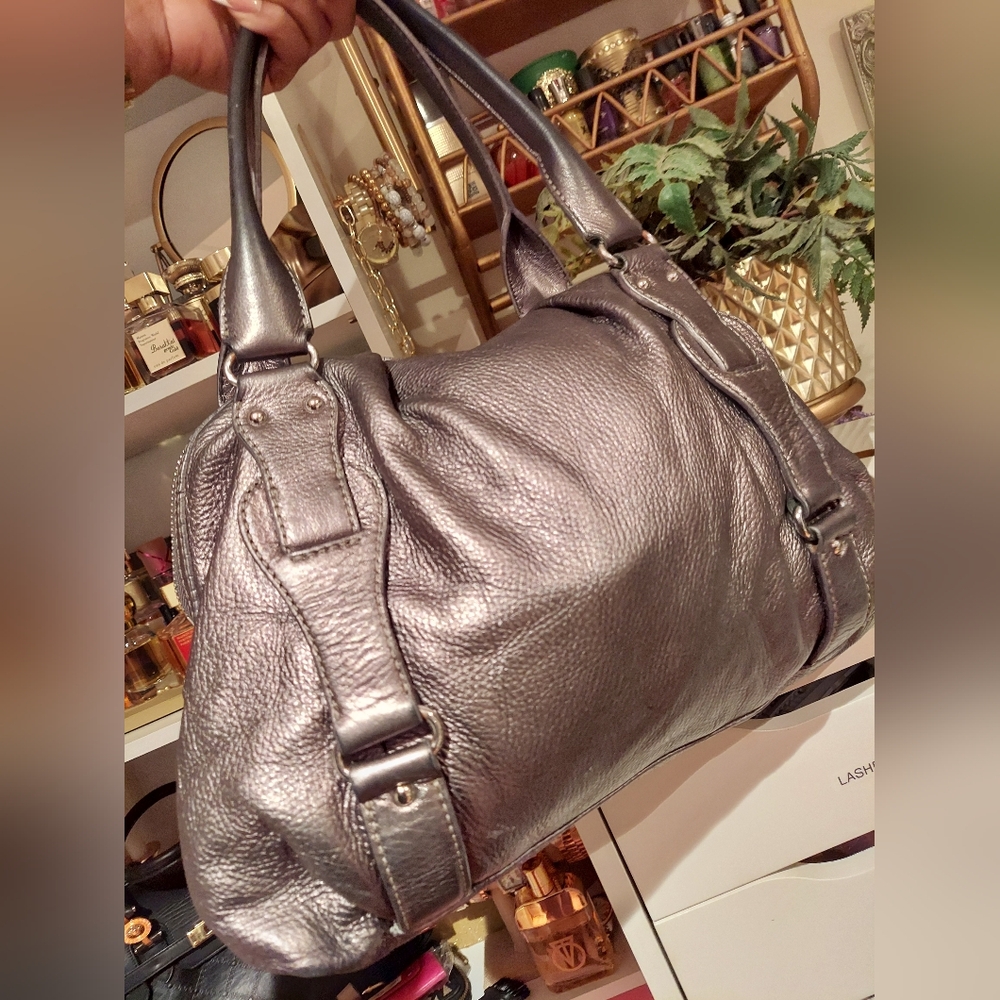 Michael Kors Fulton Metallic Dark Grey Leather Top Handle Bowler Bag Pur… - Picture 9 of 16